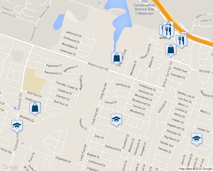 map of restaurants, bars, coffee shops, grocery stores, and more near 2309 Huckleberry Drive in Killeen