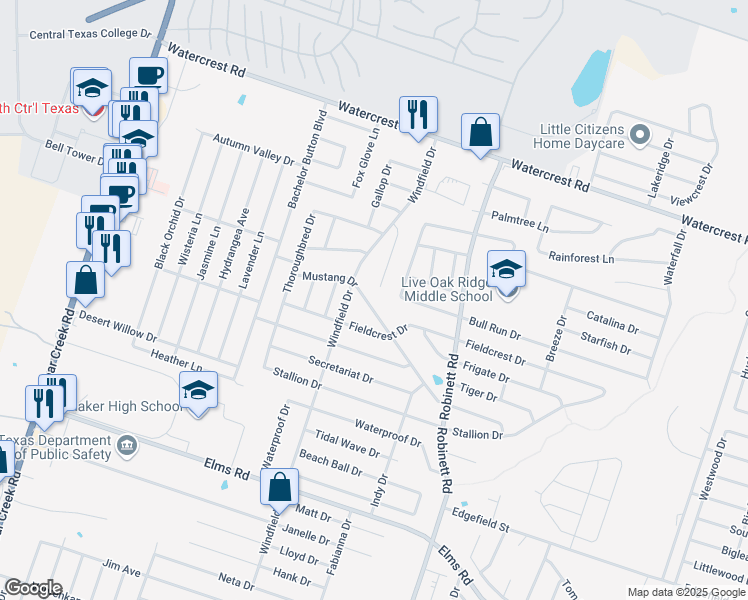 map of restaurants, bars, coffee shops, grocery stores, and more near 4403 Mustang Drive in Killeen