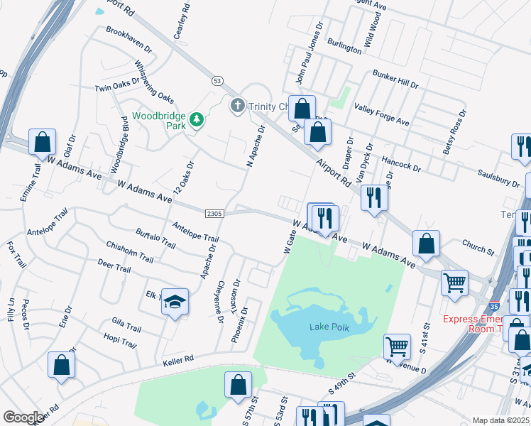 map of restaurants, bars, coffee shops, grocery stores, and more near 2912-3098 West Adams Avenue in Temple