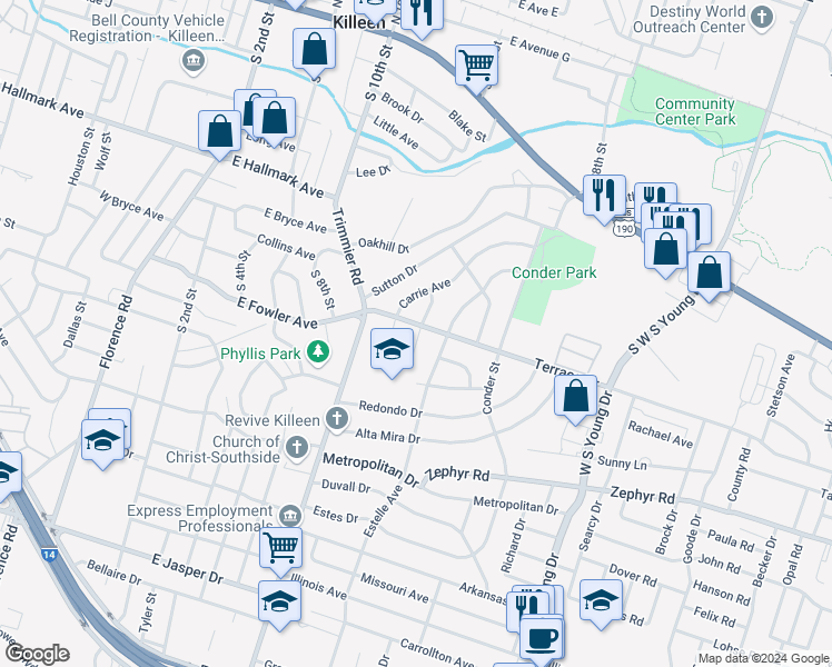 map of restaurants, bars, coffee shops, grocery stores, and more near 920 Wells Street in Killeen
