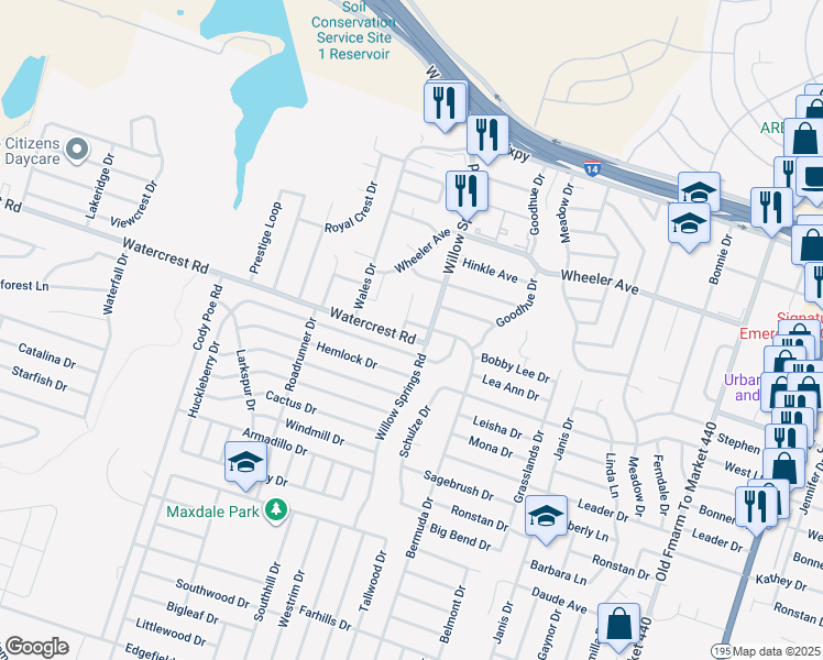 map of restaurants, bars, coffee shops, grocery stores, and more near 1309 Willow Springs Road in Killeen