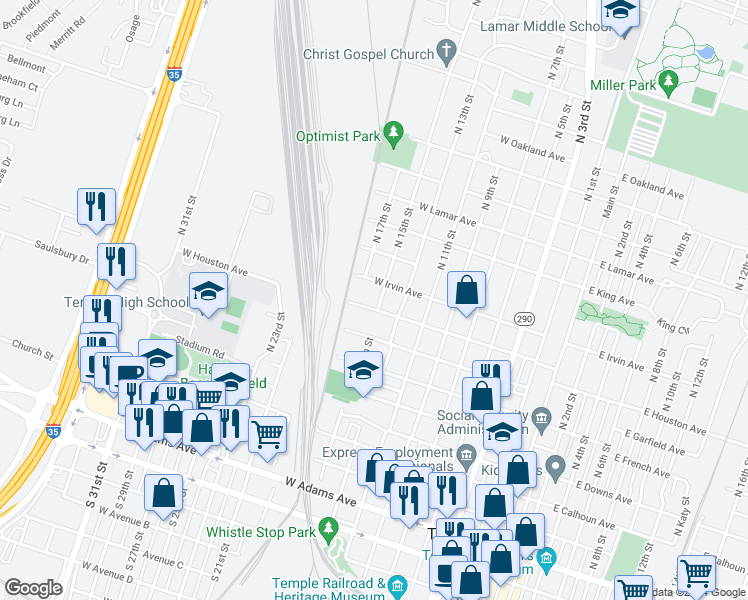 map of restaurants, bars, coffee shops, grocery stores, and more near 808 North 15th Street in Temple