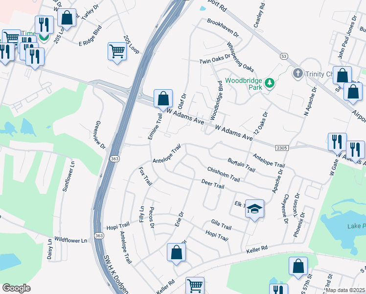 map of restaurants, bars, coffee shops, grocery stores, and more near 4106 Antelope Trail in Temple