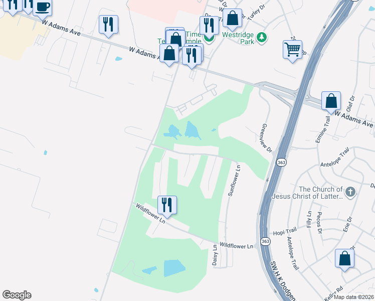 map of restaurants, bars, coffee shops, grocery stores, and more near 5202 Sunflower Lane in Temple