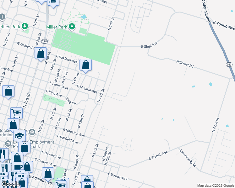 map of restaurants, bars, coffee shops, grocery stores, and more near 912 East Nugent Avenue in Temple