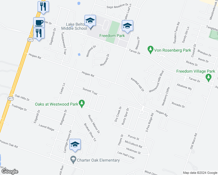 map of restaurants, bars, coffee shops, grocery stores, and more near 8221 Saddle Brook Drive in Temple