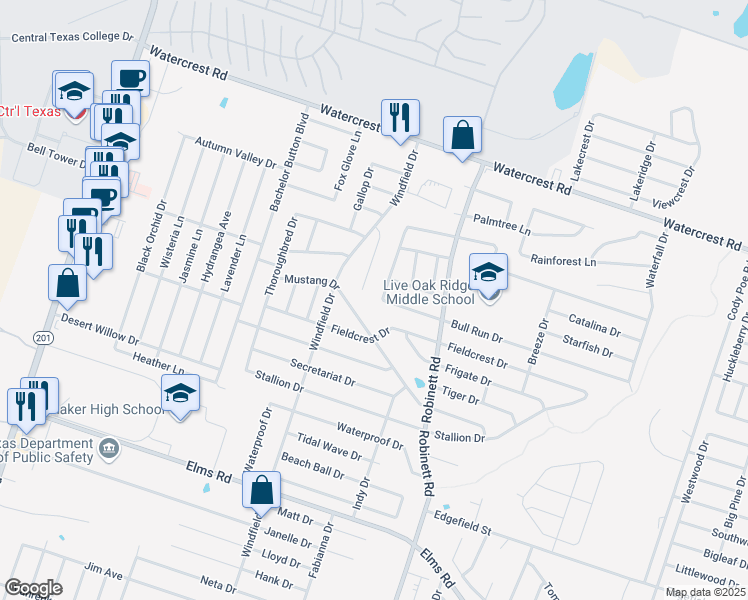 map of restaurants, bars, coffee shops, grocery stores, and more near 4111 Bull Run Drive in Killeen