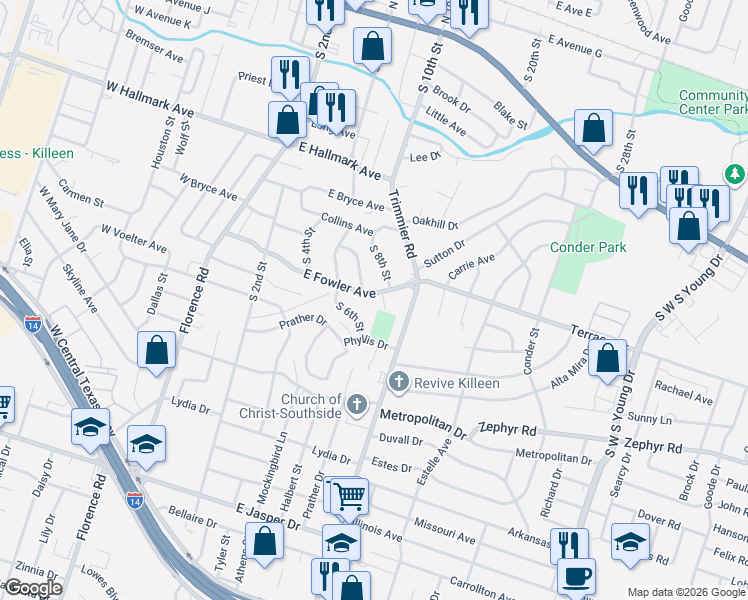 map of restaurants, bars, coffee shops, grocery stores, and more near 406 East Fowler Avenue in Killeen