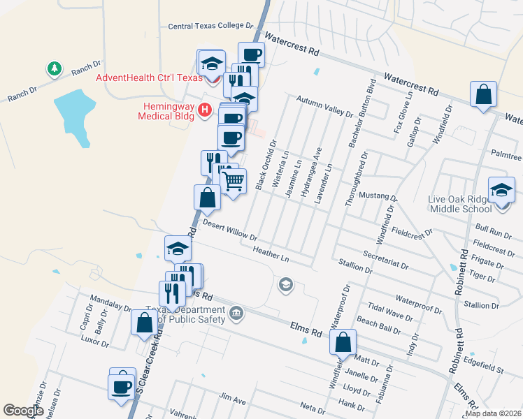 map of restaurants, bars, coffee shops, grocery stores, and more near 3000 Black Orchid Drive in Killeen