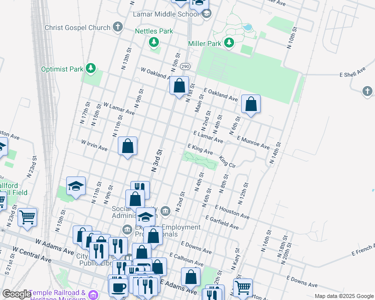 map of restaurants, bars, coffee shops, grocery stores, and more near 1015 North Main Street in Temple