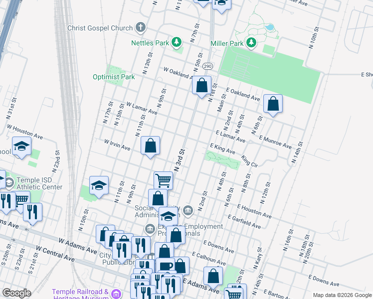 map of restaurants, bars, coffee shops, grocery stores, and more near 1002 South 3rd Street in Temple