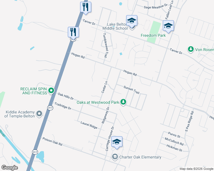 map of restaurants, bars, coffee shops, grocery stores, and more near 8710 Highland Trail in Temple