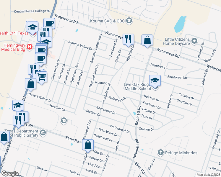 map of restaurants, bars, coffee shops, grocery stores, and more near 4407 Mustang Drive in Killeen