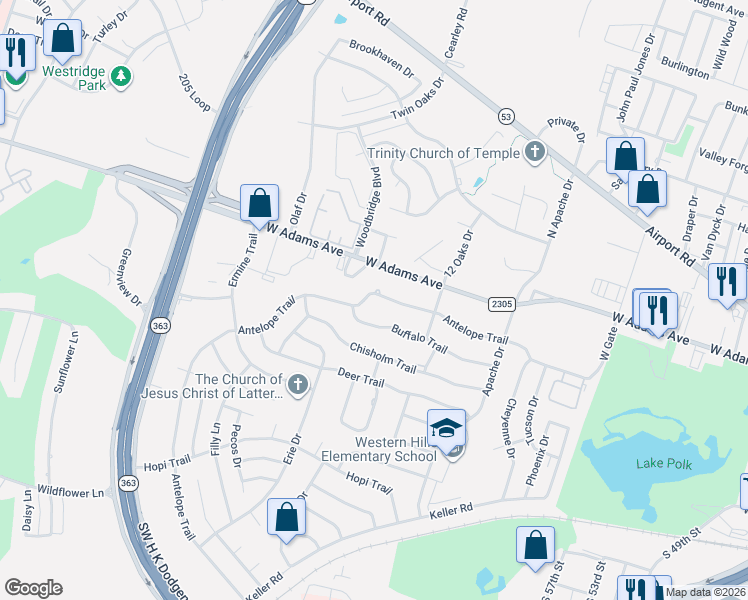 map of restaurants, bars, coffee shops, grocery stores, and more near 3814 Antelope Trail in Temple