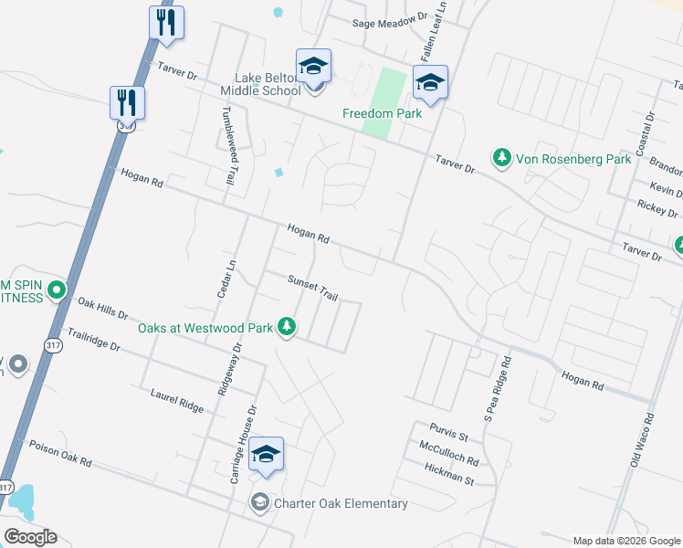 map of restaurants, bars, coffee shops, grocery stores, and more near 8347 Saddle Brook Drive in Temple