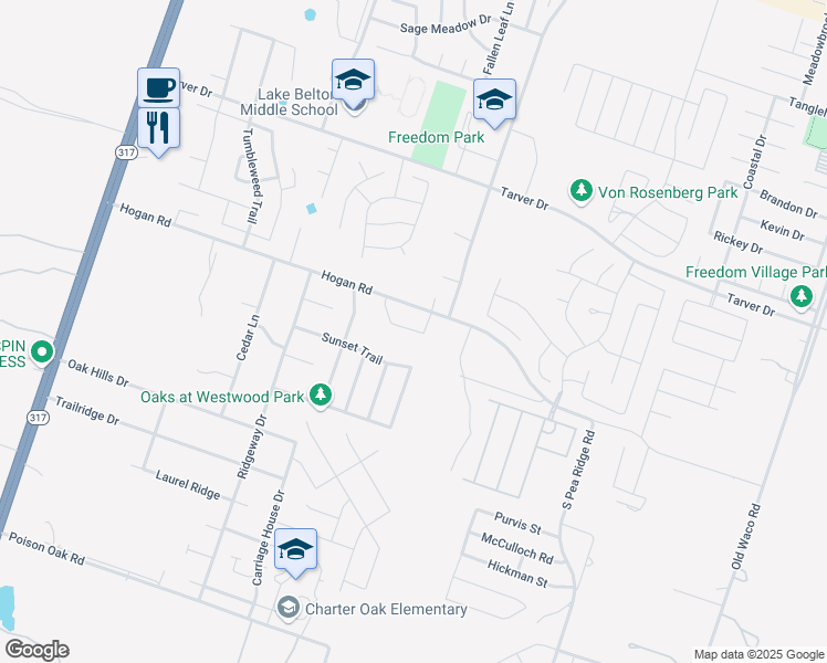 map of restaurants, bars, coffee shops, grocery stores, and more near 8236 Saddle Brook Drive in Temple