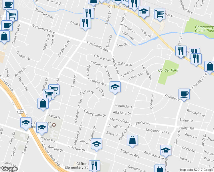 map of restaurants, bars, coffee shops, grocery stores, and more near 406 E Fowler Ave in Killeen