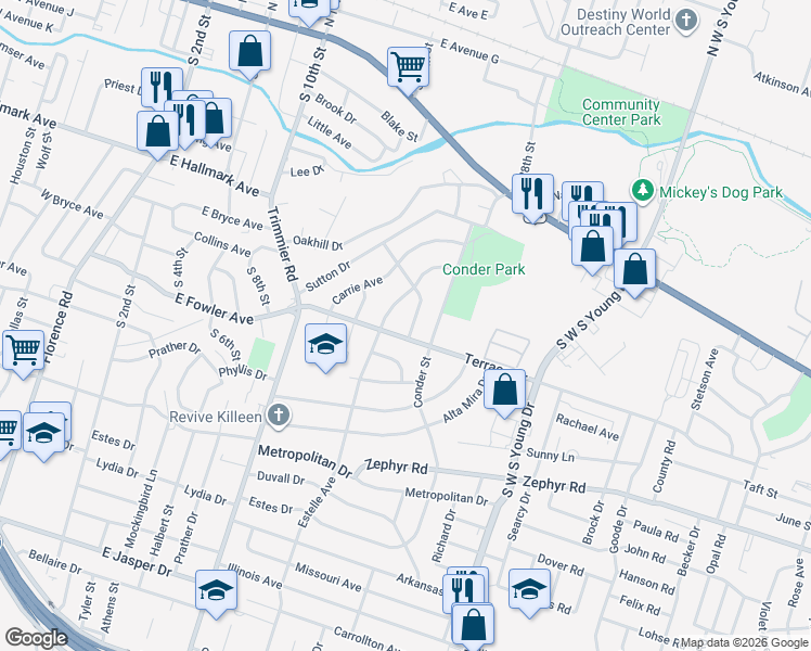 map of restaurants, bars, coffee shops, grocery stores, and more near 907 Carlisle Avenue in Killeen