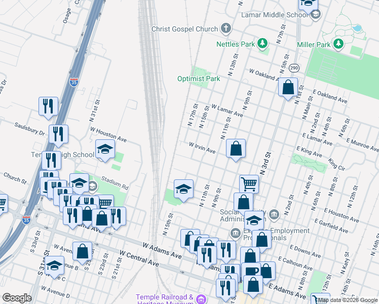 map of restaurants, bars, coffee shops, grocery stores, and more near 713 West Irvin Avenue in Temple