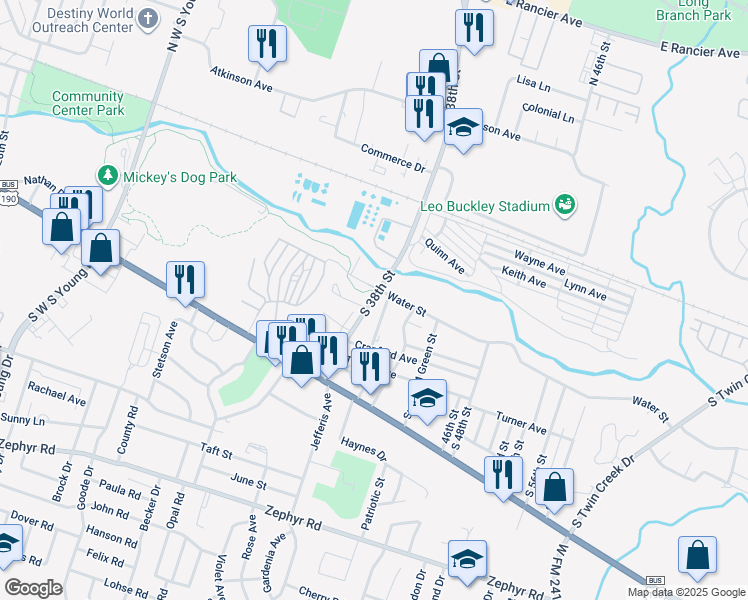 map of restaurants, bars, coffee shops, grocery stores, and more near 3312 Water Street in Killeen
