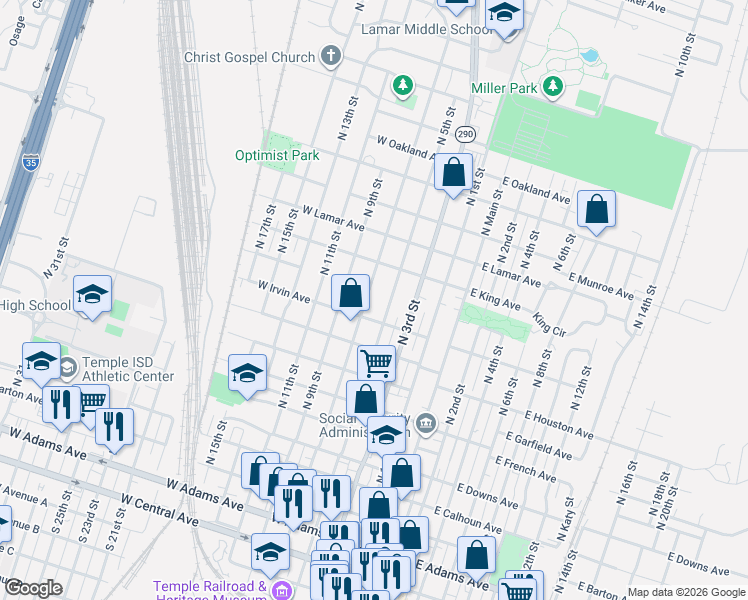 map of restaurants, bars, coffee shops, grocery stores, and more near 918 North 5th Street in Temple