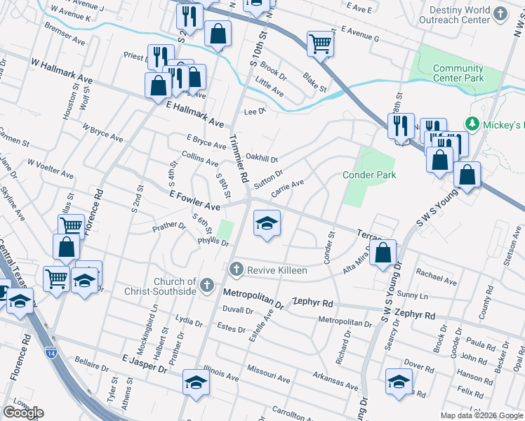 map of restaurants, bars, coffee shops, grocery stores, and more near 1004 Carrie Avenue in Killeen