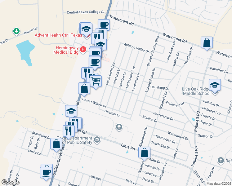 map of restaurants, bars, coffee shops, grocery stores, and more near 2905 Jasmine Lane in Killeen