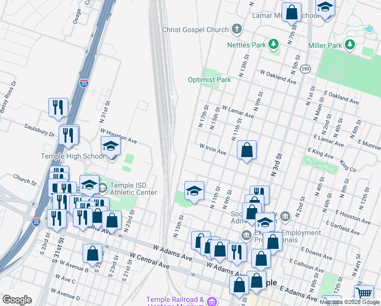 map of restaurants, bars, coffee shops, grocery stores, and more near 912 West Houston Avenue in Temple