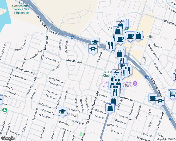 map of restaurants, bars, coffee shops, grocery stores, and more near 1207 Ridgemont Drive in Killeen