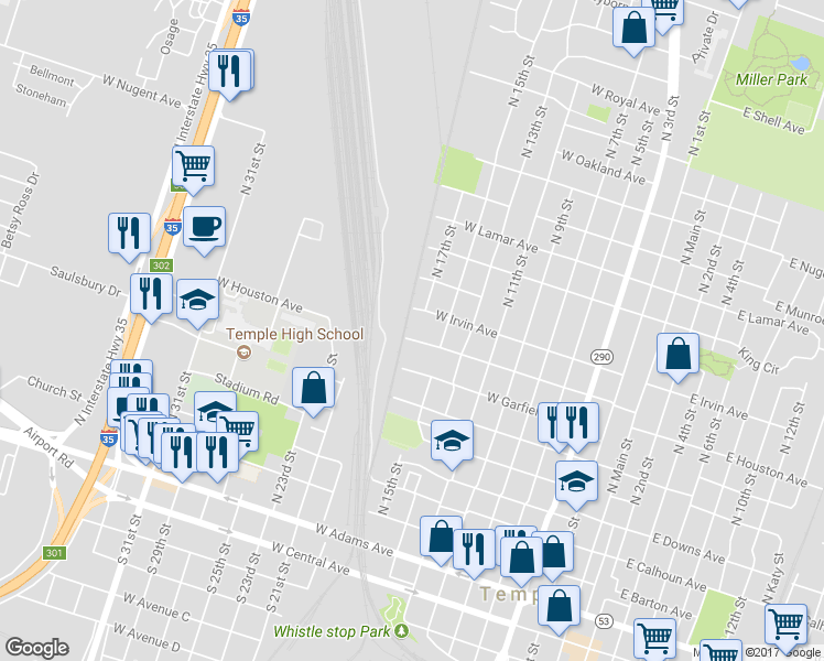 map of restaurants, bars, coffee shops, grocery stores, and more near 912 West Houston Avenue in Temple