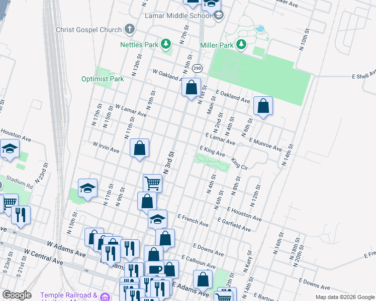 map of restaurants, bars, coffee shops, grocery stores, and more near 1017 North 1st Street in Temple