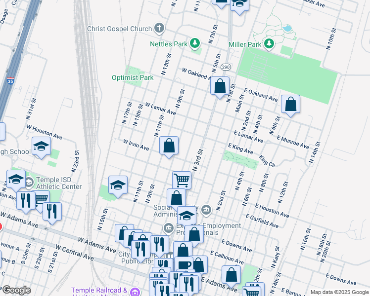 map of restaurants, bars, coffee shops, grocery stores, and more near 918 North 5th Street in Temple
