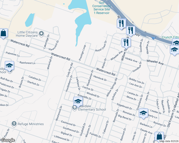 map of restaurants, bars, coffee shops, grocery stores, and more near 2608 Fieldstone Drive in Killeen
