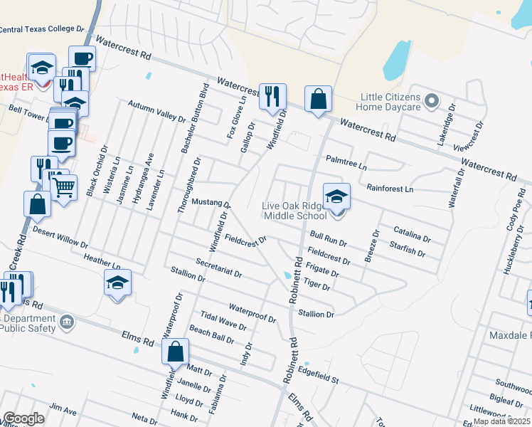 map of restaurants, bars, coffee shops, grocery stores, and more near 4111 Bull Run Drive in Killeen