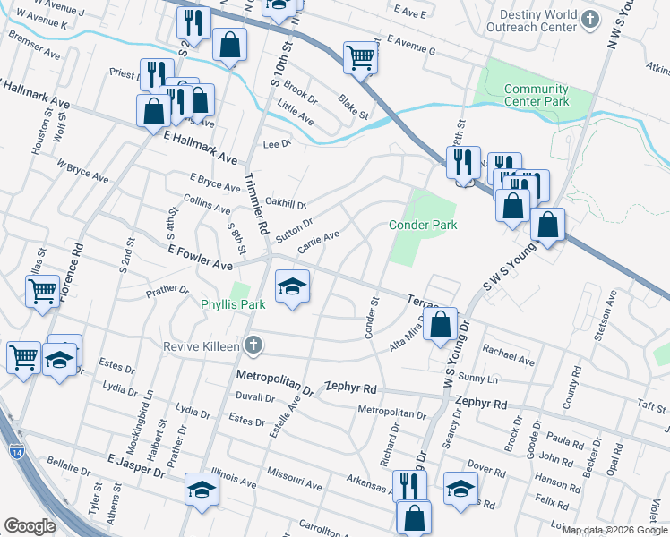 map of restaurants, bars, coffee shops, grocery stores, and more near 920 Wells Street in Killeen