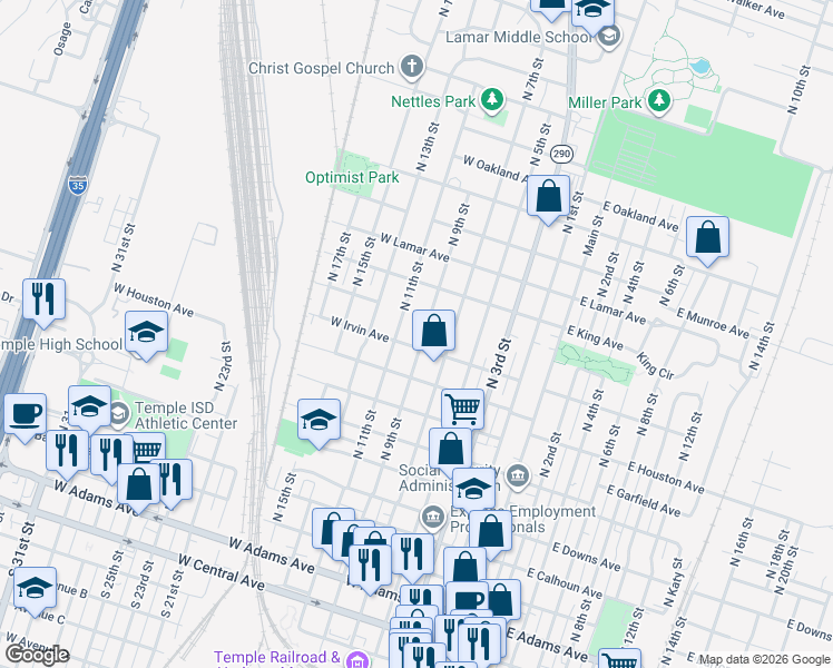 map of restaurants, bars, coffee shops, grocery stores, and more near 905 North 9th Street in Temple