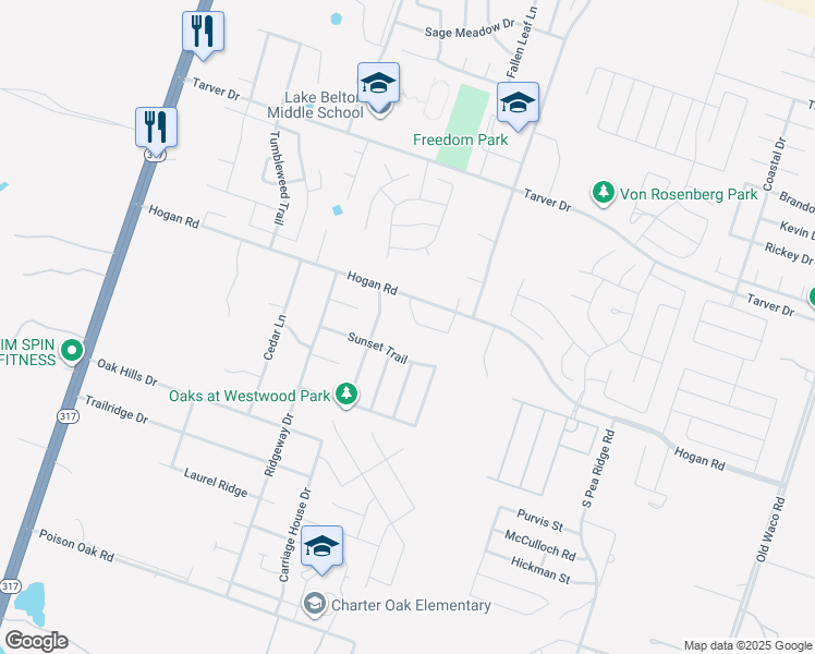 map of restaurants, bars, coffee shops, grocery stores, and more near 8347 Saddle Brook Drive in Temple