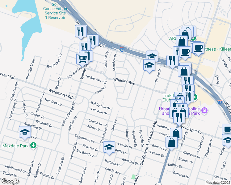 map of restaurants, bars, coffee shops, grocery stores, and more near 1218 Crestridge Drive in Killeen