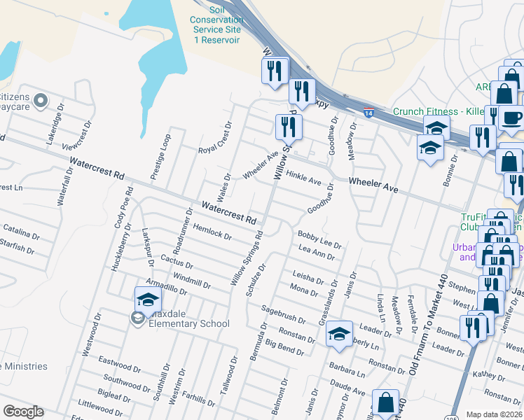 map of restaurants, bars, coffee shops, grocery stores, and more near 1309 Willow Springs Road in Killeen