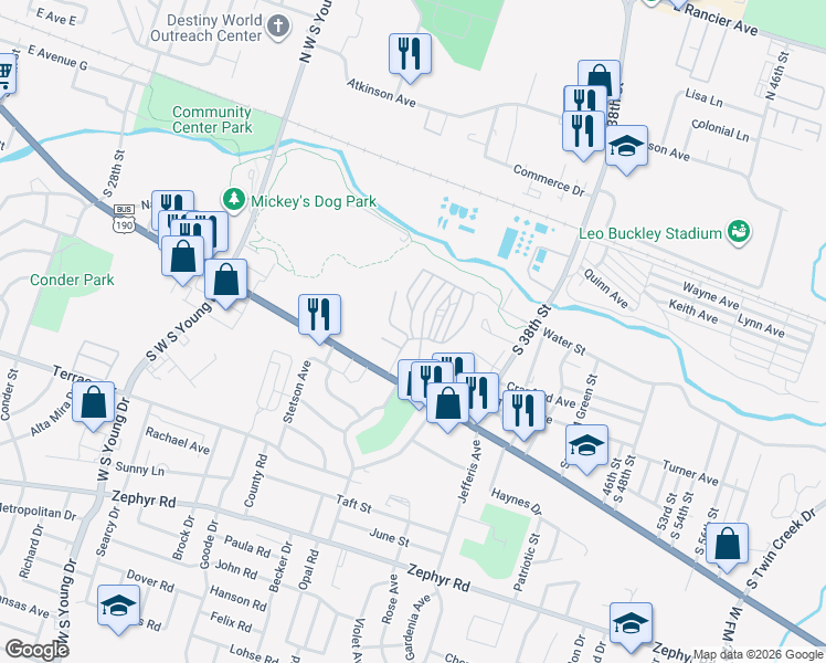 map of restaurants, bars, coffee shops, grocery stores, and more near 340 Pecan Street in Killeen