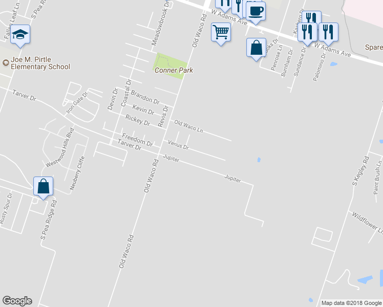 map of restaurants, bars, coffee shops, grocery stores, and more near 6711 Venus Drive in Temple
