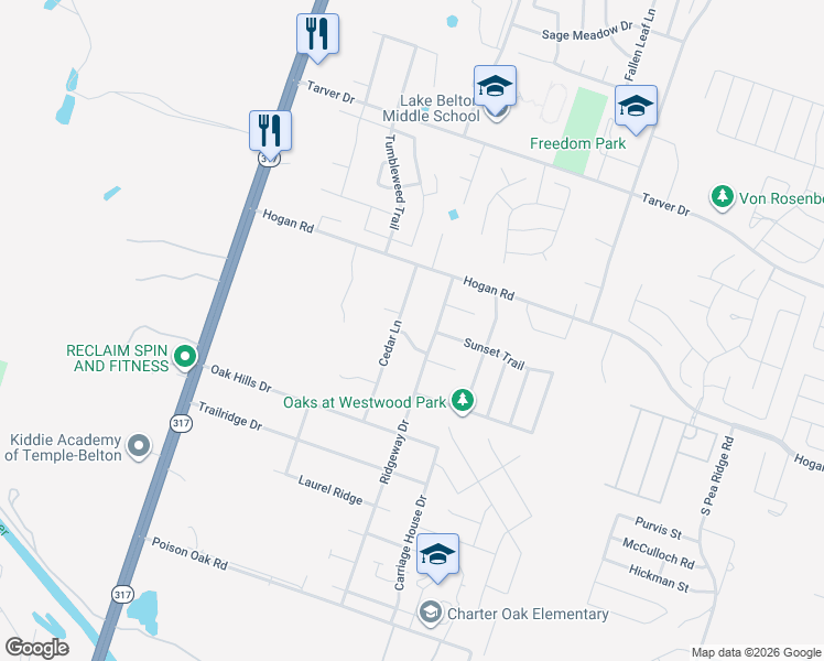 map of restaurants, bars, coffee shops, grocery stores, and more near 8710 Highland Trail in Temple