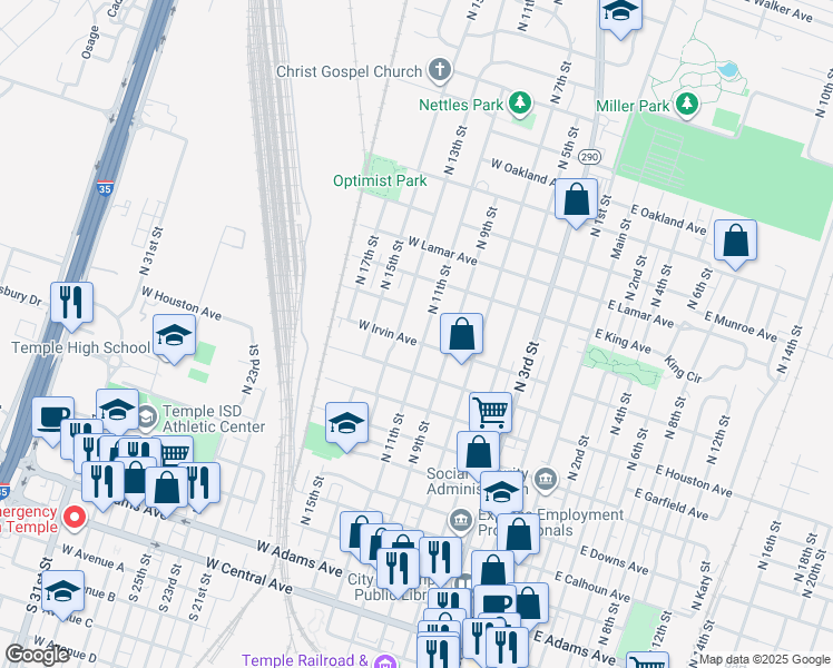 map of restaurants, bars, coffee shops, grocery stores, and more near 900 North 11th Street in Temple