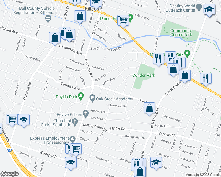 map of restaurants, bars, coffee shops, grocery stores, and more near 920 Wells Street in Killeen