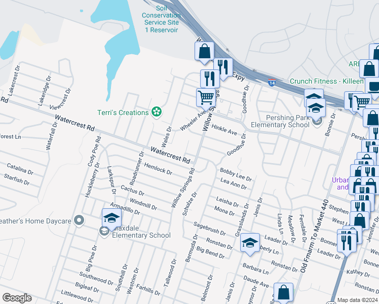 map of restaurants, bars, coffee shops, grocery stores, and more near 1309 Willow Springs Road in Killeen