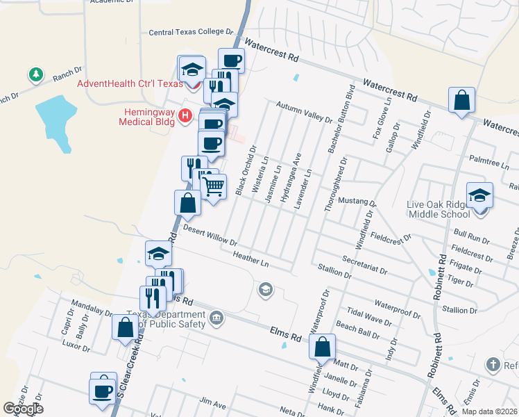 map of restaurants, bars, coffee shops, grocery stores, and more near 2905 Jasmine Lane in Killeen