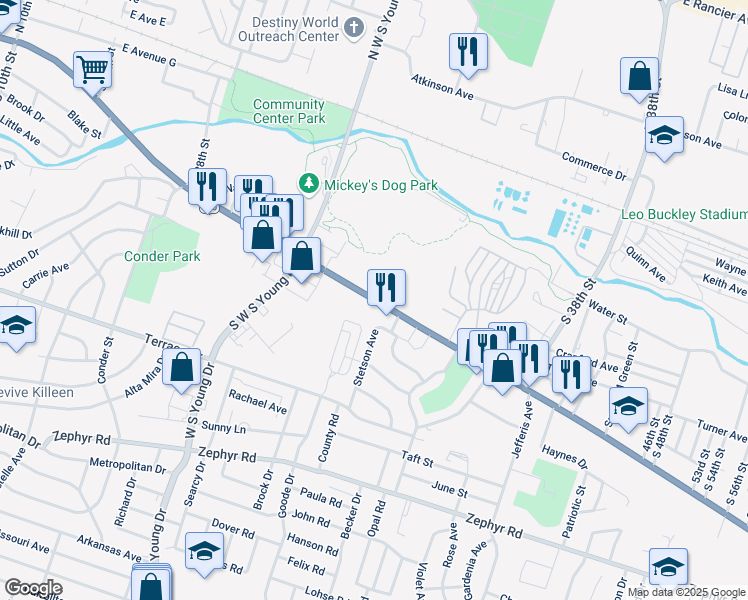 map of restaurants, bars, coffee shops, grocery stores, and more near 2606 East Veterans Memorial Boulevard in Killeen