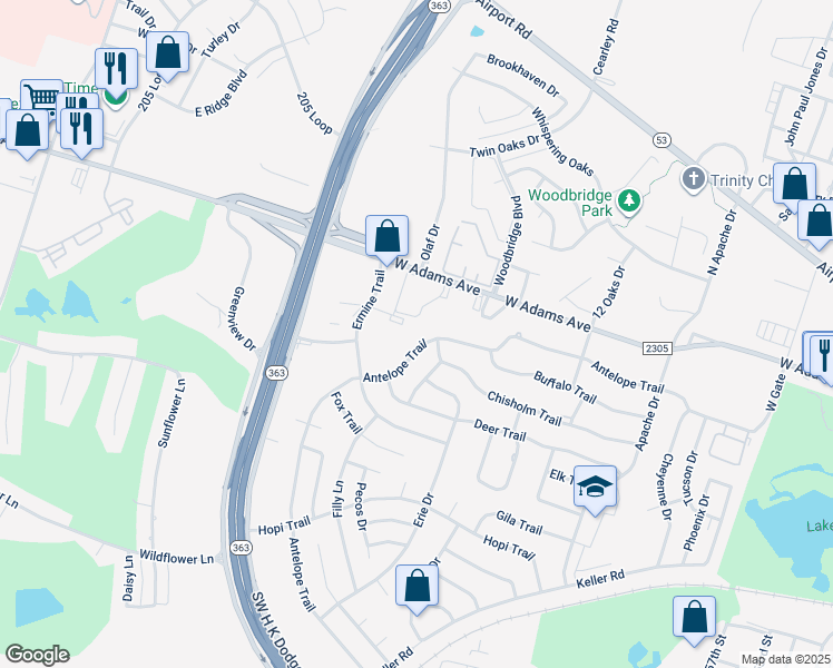 map of restaurants, bars, coffee shops, grocery stores, and more near 4106 Antelope Trail in Temple