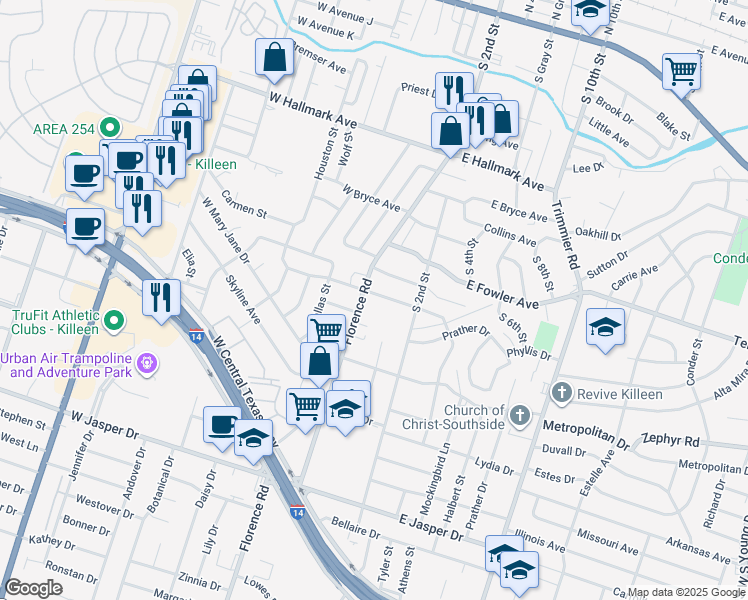 map of restaurants, bars, coffee shops, grocery stores, and more near in Killeen