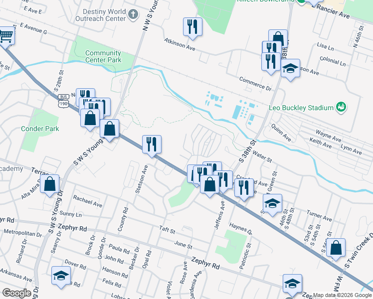 map of restaurants, bars, coffee shops, grocery stores, and more near 340 Pecan Street in Killeen